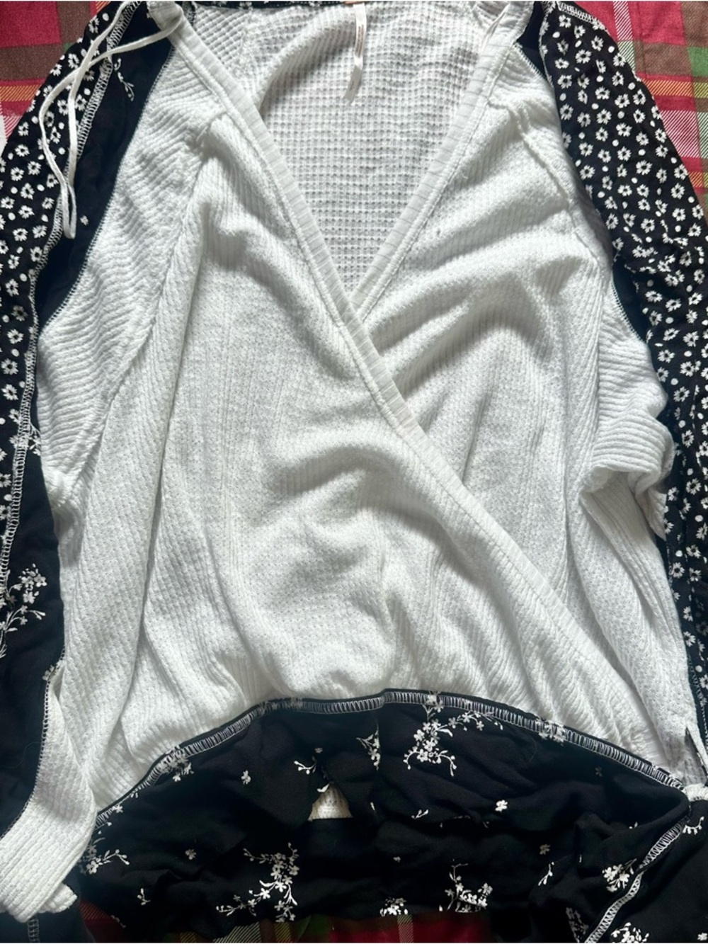 Free People White Waffle Wrap Top with Black Floral Trim